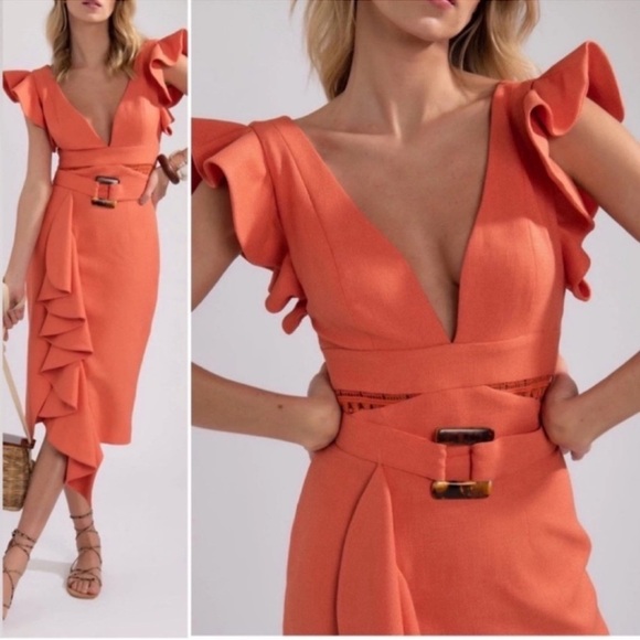 Sold 🎈PatBO Orange Asymmetrical Sheath Dress with Plunge Neckline 6 - Picture 4 of 8